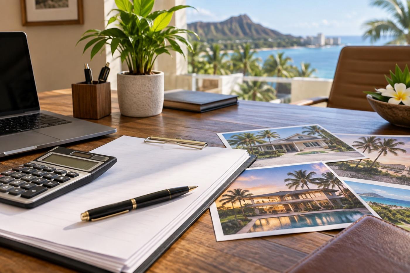 Loan documents, calculator, and property photos prepared for lender review