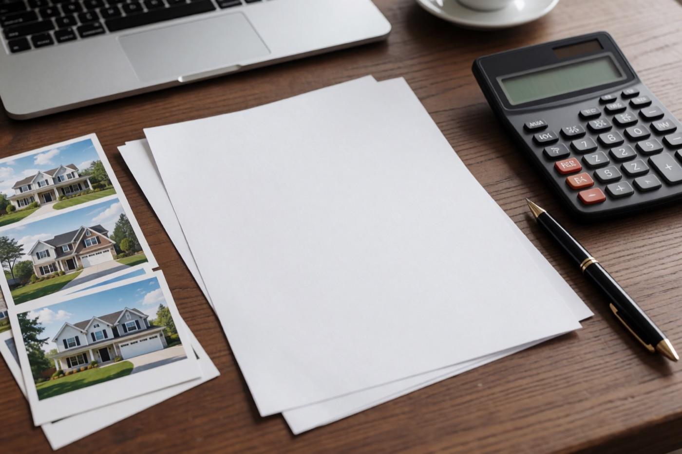 Loan documents, calculator, and property photos prepared for lender review