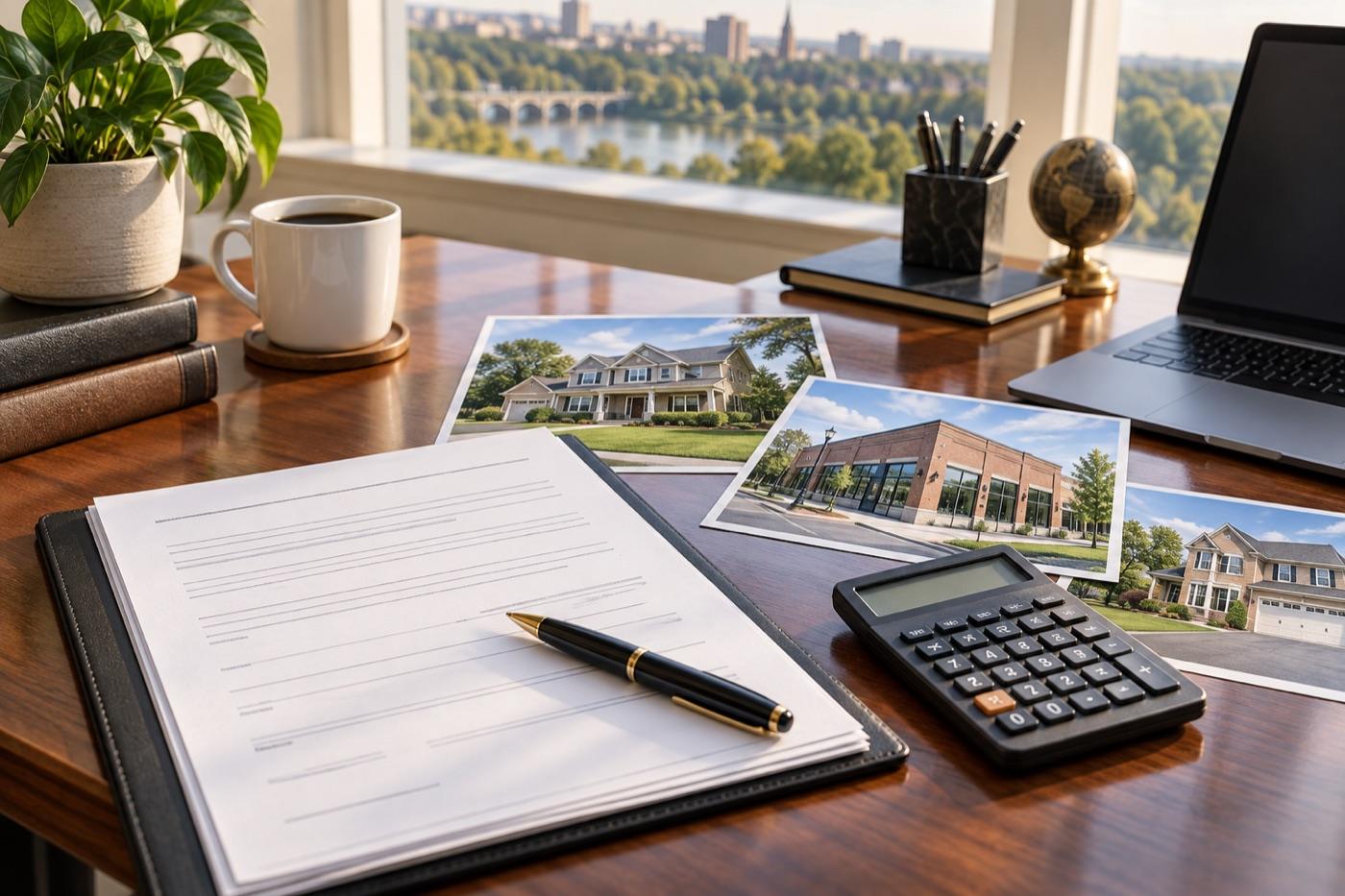 Loan documents, calculator, and property photos prepared for lender review