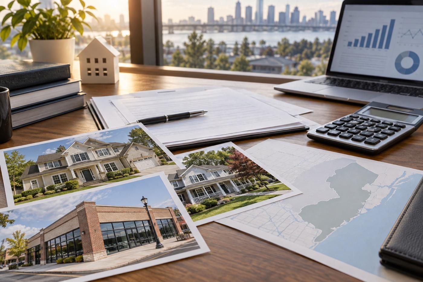 Loan documents, calculator, and property photos prepared for lender review