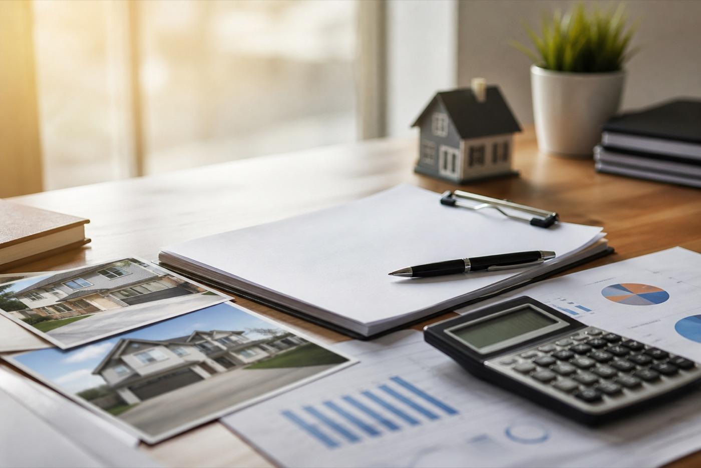 Loan documents, calculator, and property photos prepared for lender review