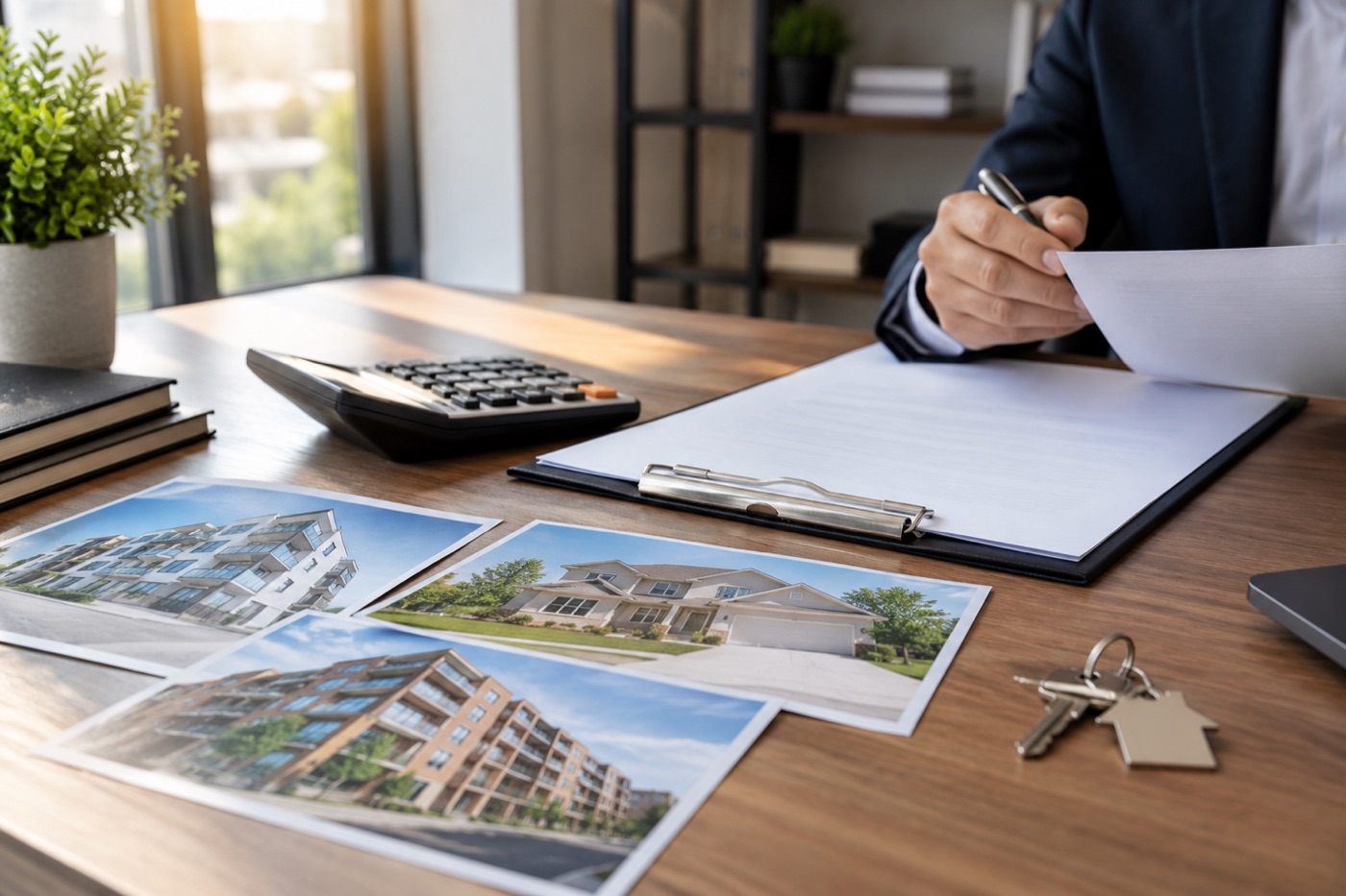 Loan documents, calculator, and property photos prepared for lender review