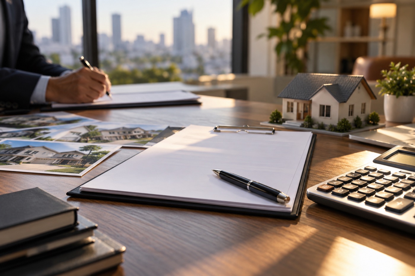 Loan documents, calculator, and property photos prepared for lender review