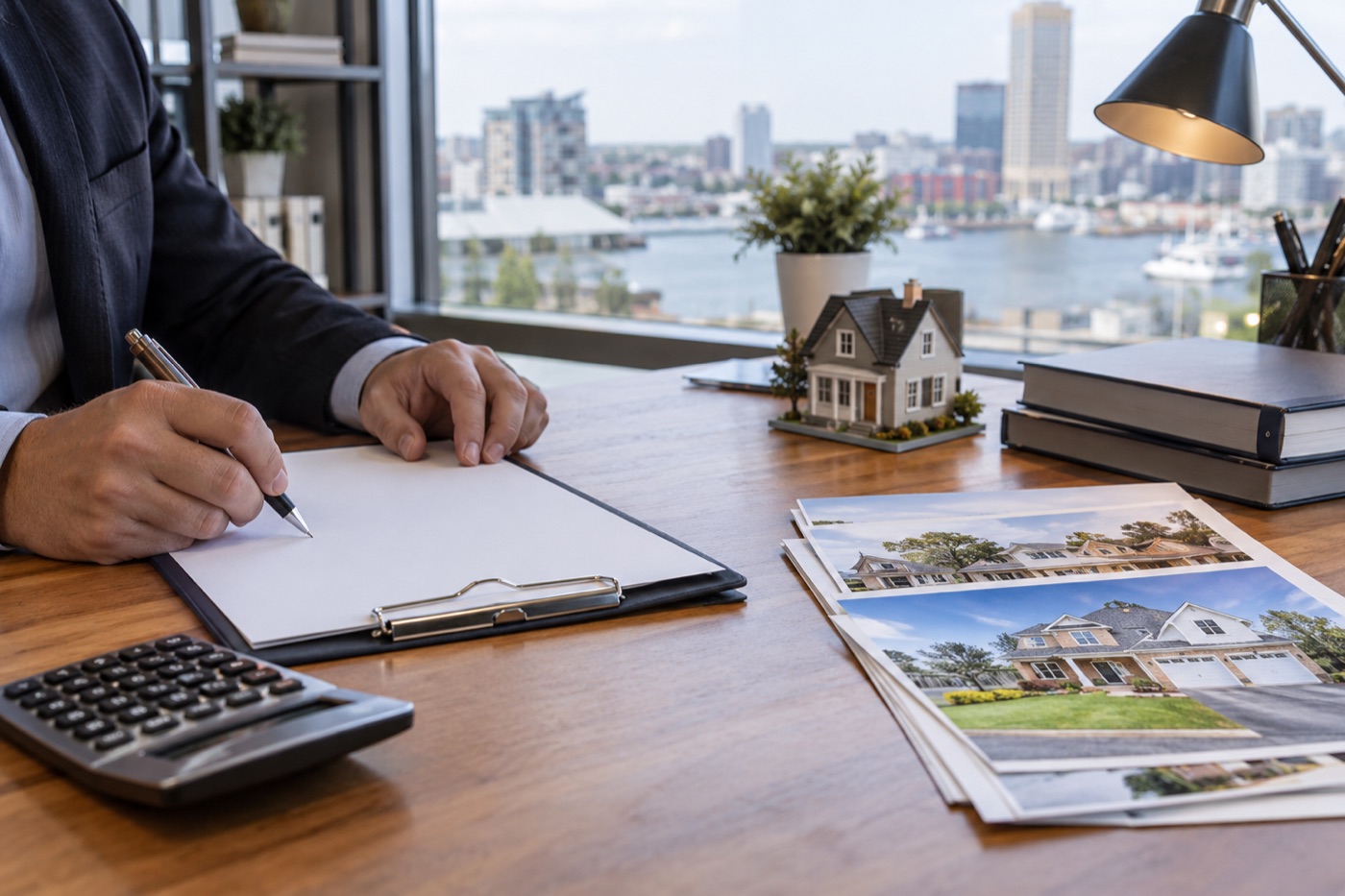 Loan documents, calculator, and property photos prepared for lender review