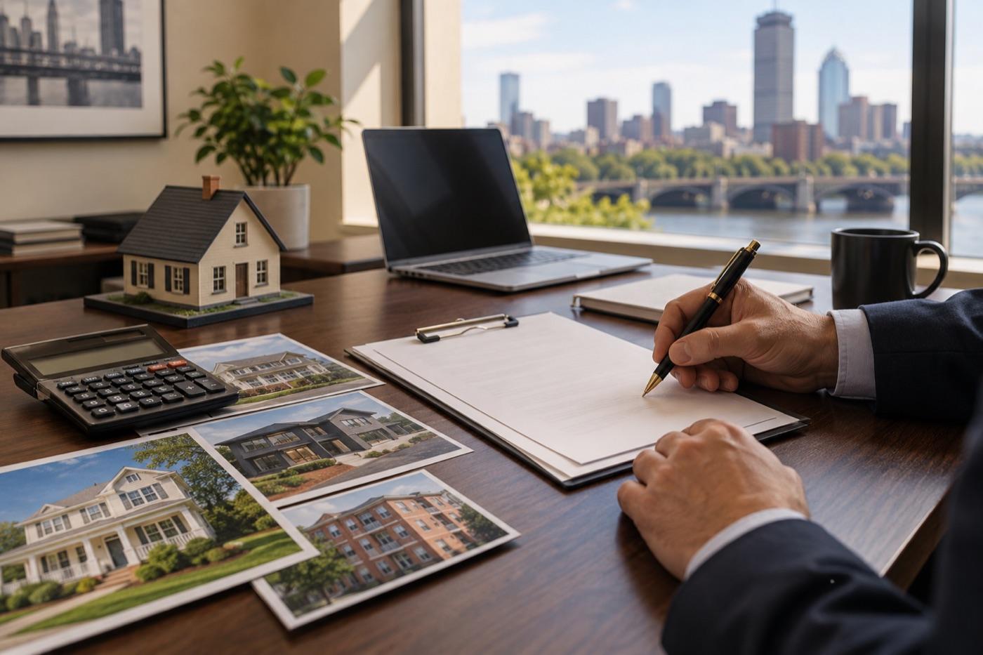 Loan documents, calculator, and property photos prepared for lender review